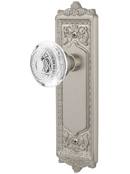 Egg and Dart Door Set with Matching Crystal-Glass Knobs in Satin Nickel.